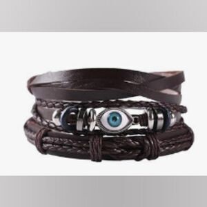 3pc leather bracelets set layered braided‎ evil eye brown new e34